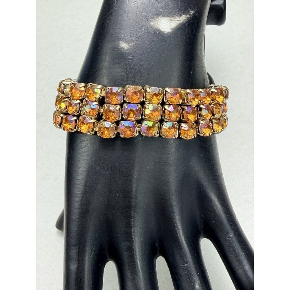 Amber Rhinestone Stretch Bracelet Gold Tone Vintage Sparkle